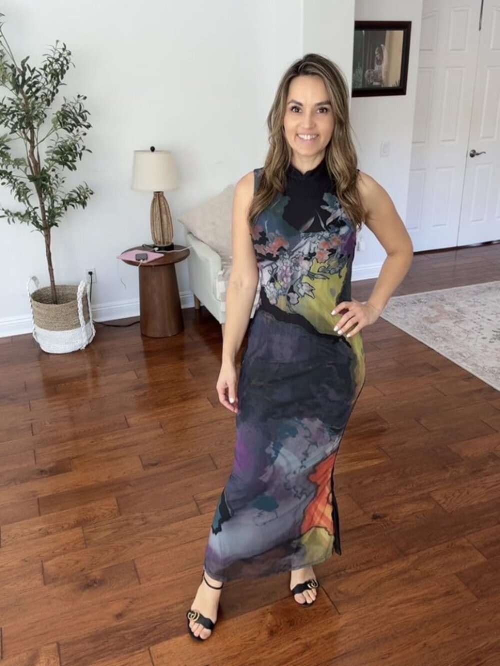 GORGLITTER Women's Cheongsam Dress Mesh Floral Dresses Mandarin Collared Qipao S